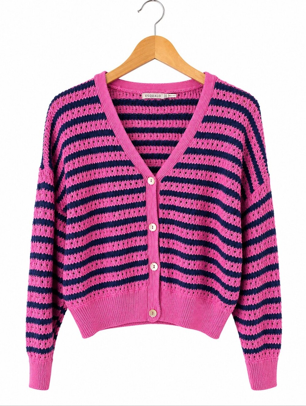 EsQualo Pink & Navy Striped Open Knit Cropped Cardigan Size S - Picture 2 of 8